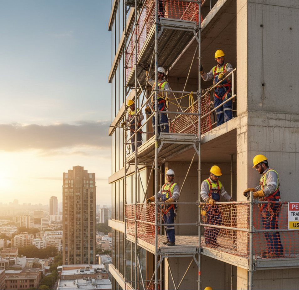 Trabajadores realizando trabajos en altura con EPP completo según NOM-009-STPS-2011